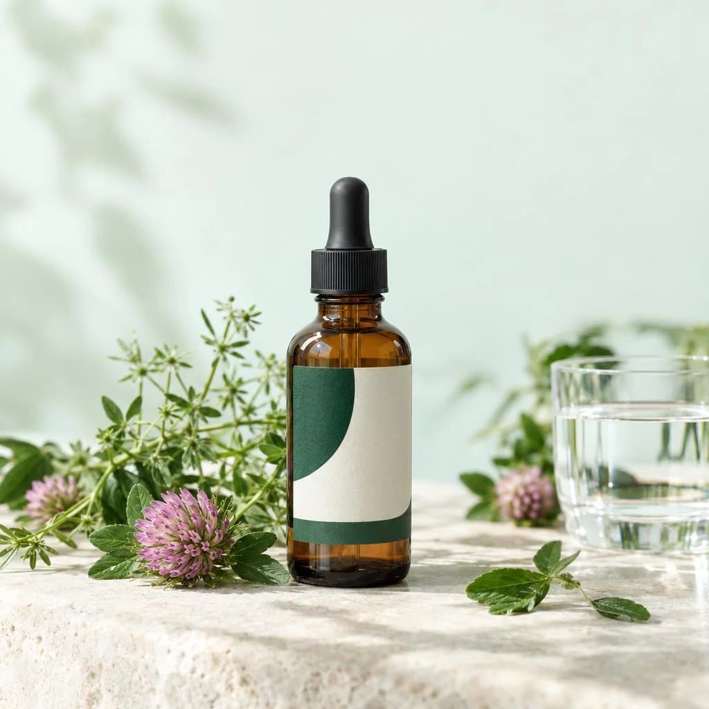 Lymphatic Drainage Drops amber dropper bottle on a stone ledge with fresh cleavers and red clover